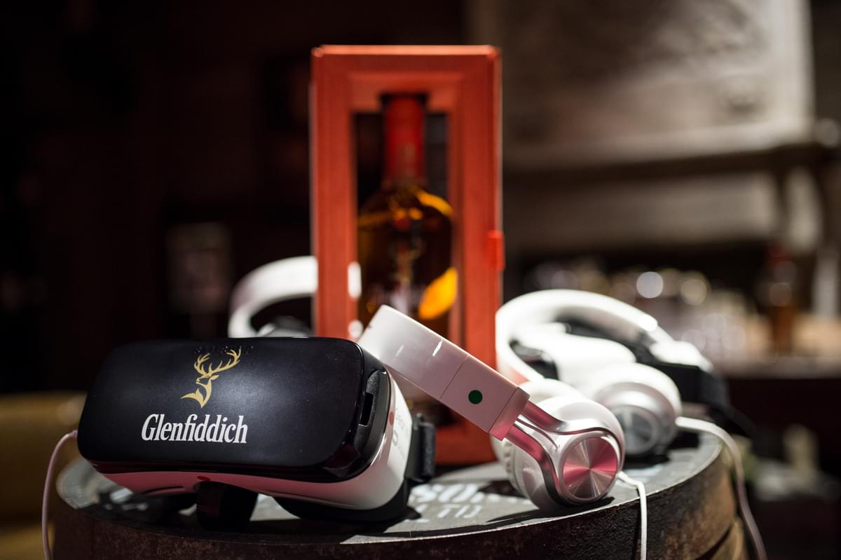 Genfiddich Whiskey, VR goggles and headphones ready for experiential event